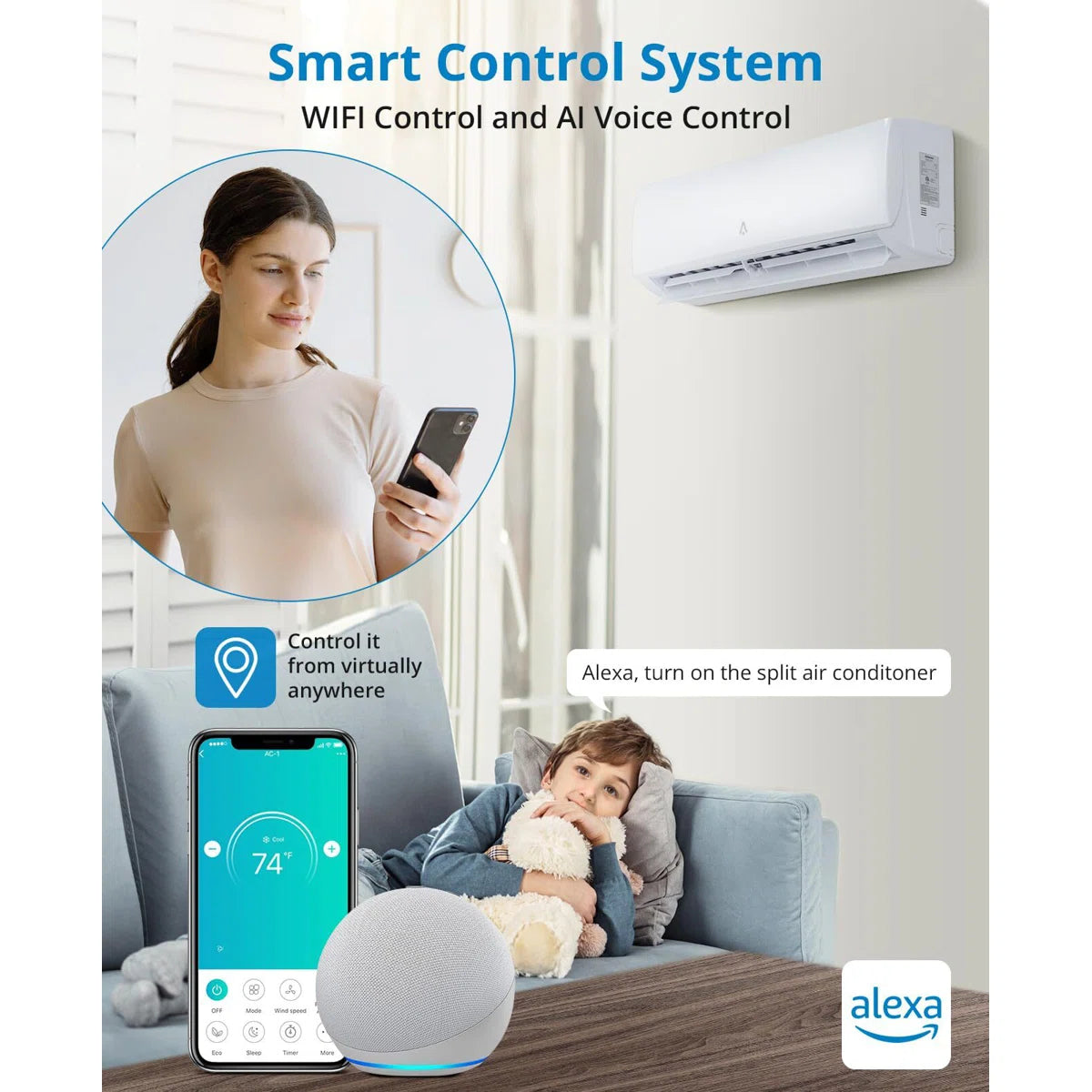 12000 BTU Mini Split AC/Heating System, 4 in 1Mini Split AC, 19 SEER