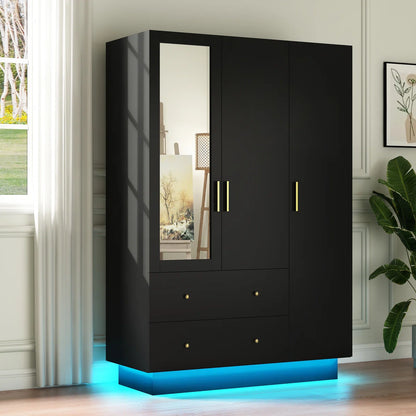 3 doors Armoire Wardrobe With 2 Drawers and Shelves and led lights
