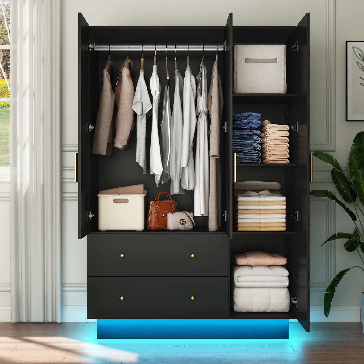 3 doors Armoire Wardrobe With 2 Drawers and Shelves and led lights