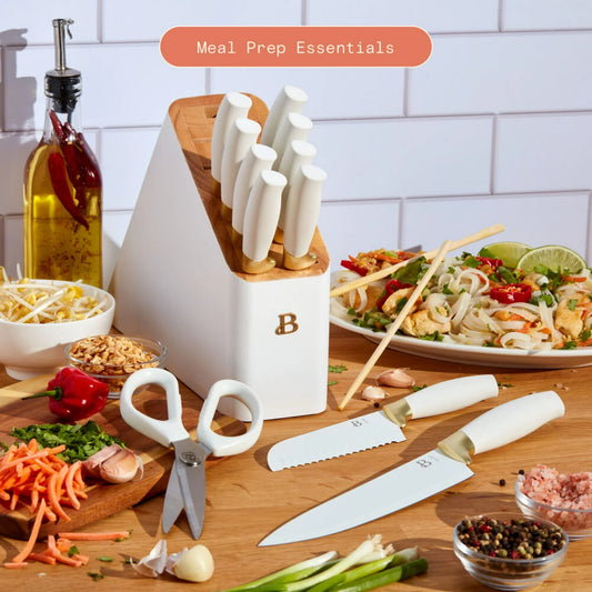 Beautiful 12 Piece Stainless Steel Knife Block Set, Soft-Grip Handles White Icing by Drew Barrymore