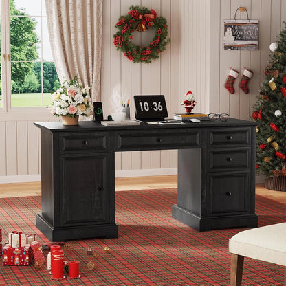 60'' Executive Desk Rectangle Computer Desk With Storage Cabinet And Drawers, Workstation For Office Home