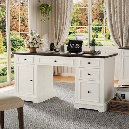 60'' Executive Desk Rectangle Computer Desk With Storage Cabinet And Drawers, Workstation For Office Home