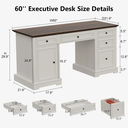 60'' Executive Desk Rectangle Computer Desk With Storage Cabinet And Drawers, Workstation For Office Home