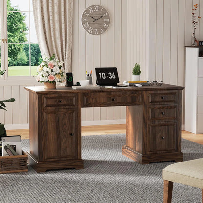 60'' Executive Desk Rectangle Computer Desk With Storage Cabinet And Drawers, Workstation For Office Home