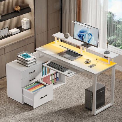 Ameliore 55.1" L Shaped Computer Desk with File Drawer, LED Lights and Keyboard Tray