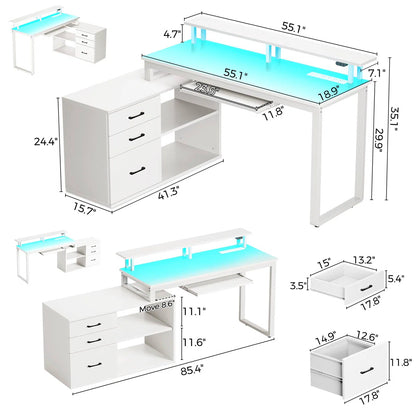 Ameliore 55.1" L Shaped Computer Desk with File Drawer, LED Lights and Keyboard Tray