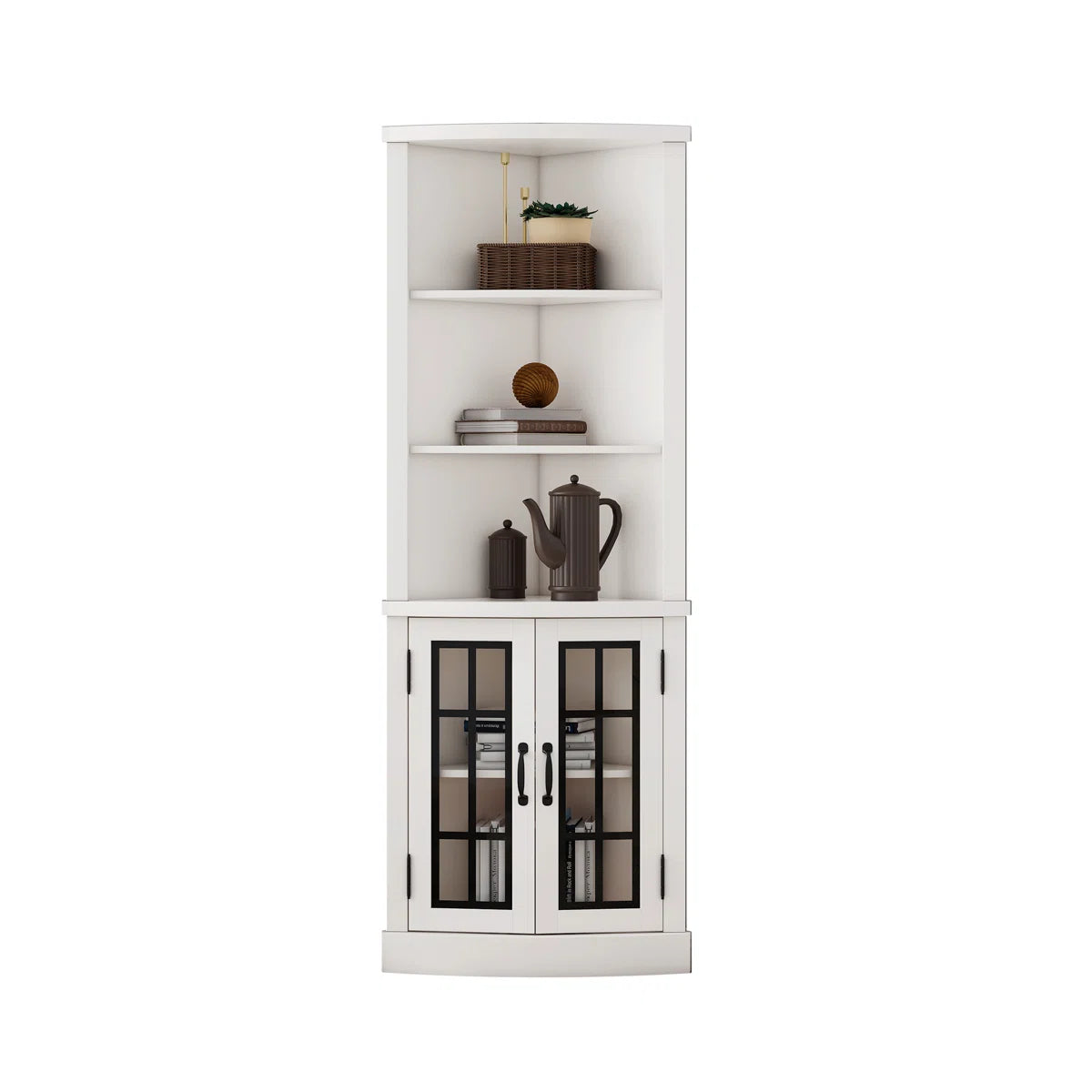 Armoney Curved Corner Storage Cabinet, 65" Tall Freestanding Bookcase With Glass Doors & Adjustable Shelves, 5-tier Corner Display Cabinet For Living Room, Office, Dining Room