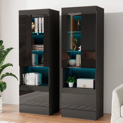 Hunziker 71'' H x 23.6'' W Modern Wood High Gloss LED Standard Bookcase Storage Cabinet (Set of 2)