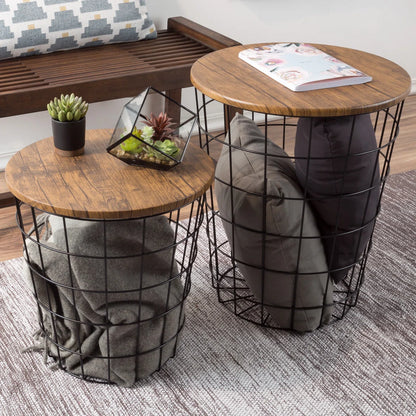 Mcgowen Nesting End Table Set, with Storage - Round Living Room Tables with Metal Frame and Wood Top for Home, Playroom, and Office