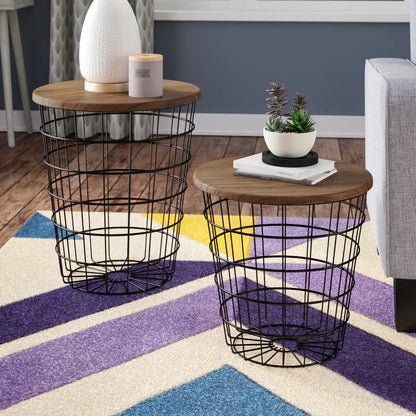 Mcgowen Nesting End Table Set, with Storage - Round Living Room Tables with Metal Frame and Wood Top for Home, Playroom, and Office